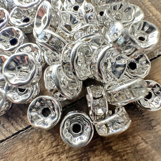 50pc 8mm Rhinestone Beads - Grade A - Silver Plated Brass - Nickel Free