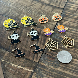 12pc Halloween Charm Set  - Pumpkin - Spider Web - Ghost - Witch Hat - Jack O Lantern - Grim Reaper