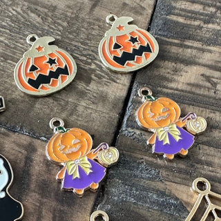 12pc Halloween Charm Set  - Pumpkin - Spider Web - Ghost - Witch Hat - Jack O Lantern - Grim Reaper