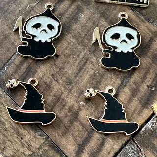 12pc Halloween Charm Set  - Pumpkin - Spider Web - Ghost - Witch Hat - Jack O Lantern - Grim Reaper